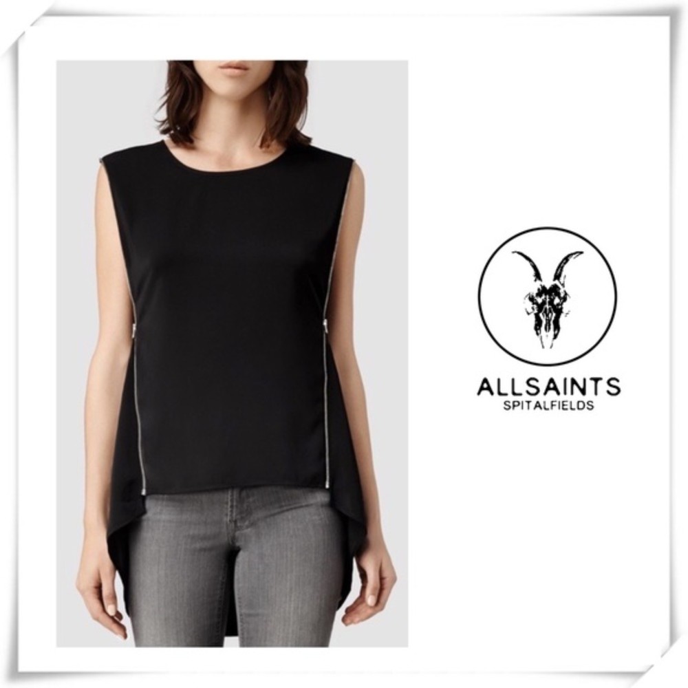 All Saints Ophelia Zipper Lace Tank Top Silk Blouse Black